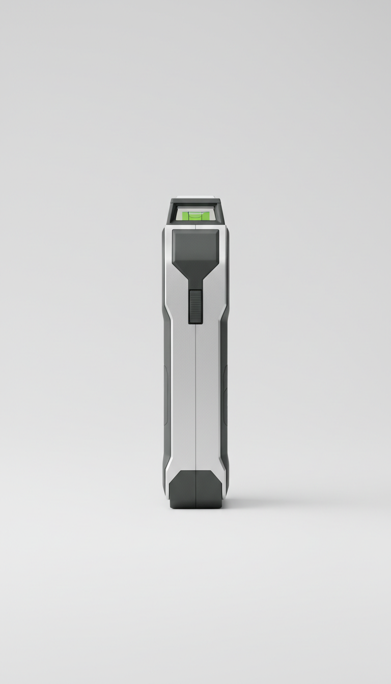A professional-grade laser level tool, perfectly centered on a light grey background. The device is sleek, with clean...