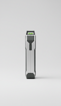 A professional-grade laser level tool, perfectly centered on a light grey background. The device is sleek, with clean...