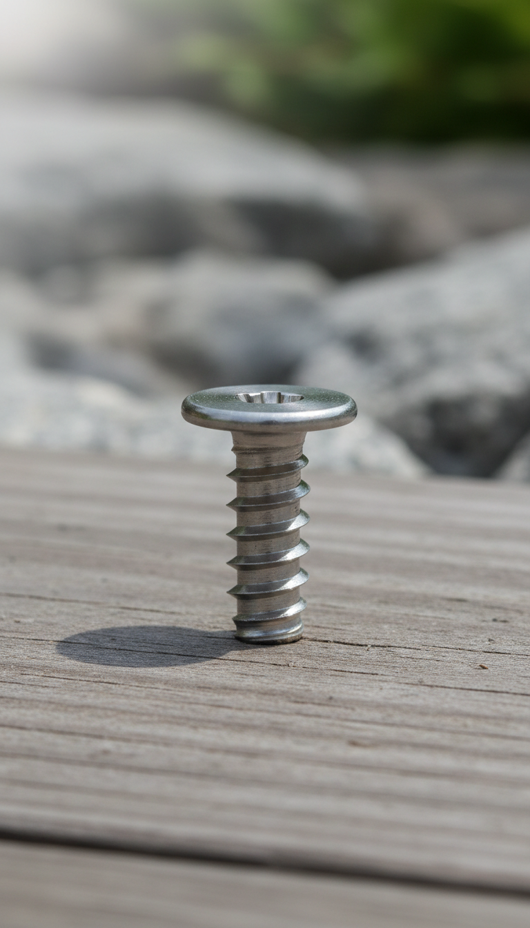 A high-grade stainless steel outdoor fastener is perfectly centered on a wooden surface. The product is highlighted...