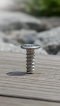 A high-grade stainless steel outdoor fastener is perfectly centered on a wooden surface. The product is highlighted...