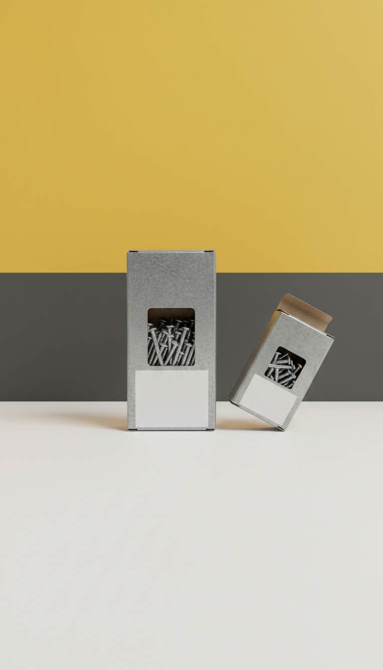 Galvanized steel nails box, Single product shown in 3/4 angle against Safety Yellow or Bright White seamless backdrop....