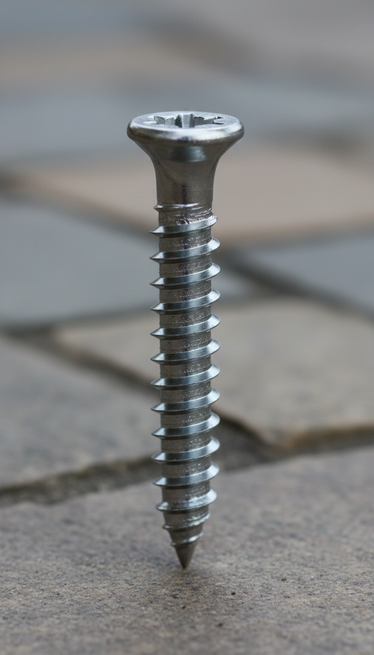 A centered image of a stainless steel deck screw, showcasing its robust design on a subtle, blurred stone texture...