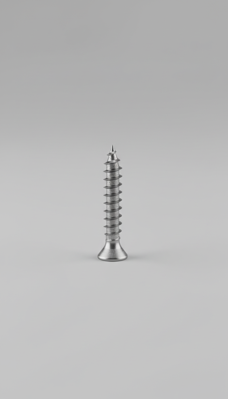 A perfectly centered stainless steel wood screw on a neutral, soft gray backdrop. The product is illuminated with soft,...