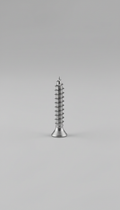 A perfectly centered stainless steel wood screw on a neutral, soft gray backdrop. The product is illuminated with soft,...