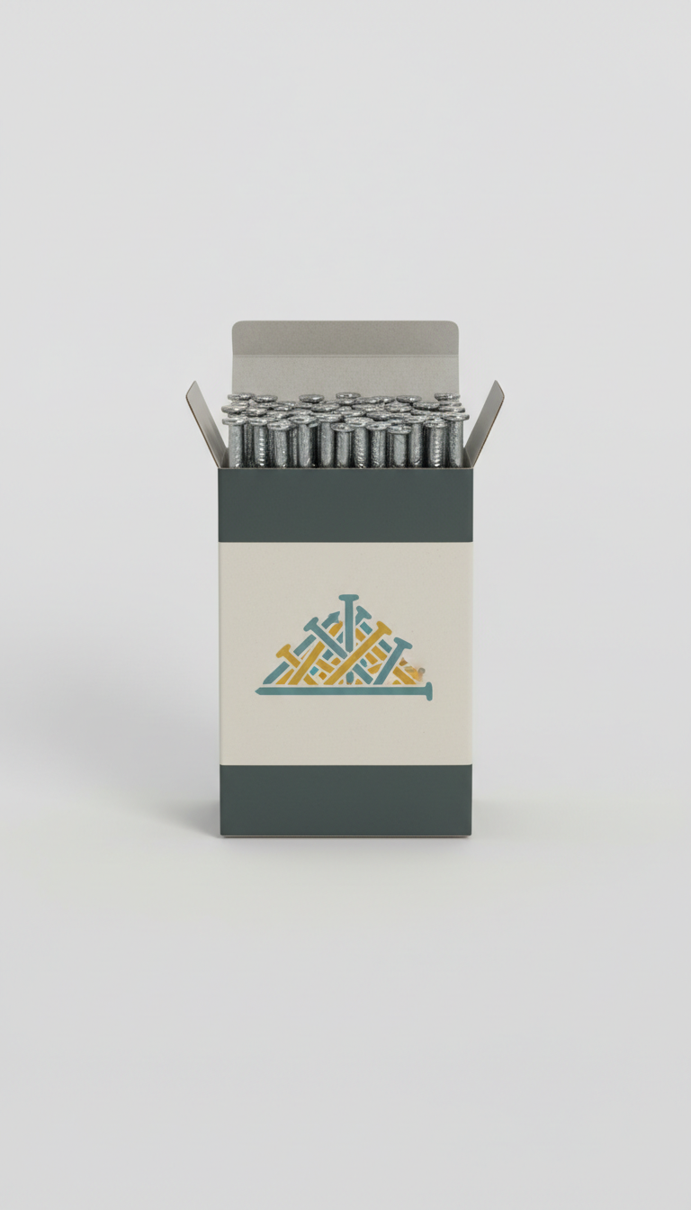 Box of galvanized nails, Single product per frame (or tightly grouped by SKU if set), shot at a 3/4 angle to show both...