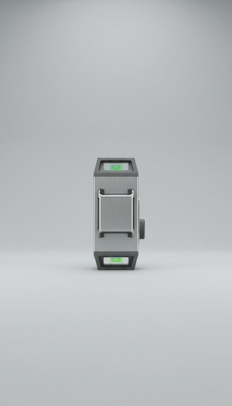 Stainless steel laser level, 3/4 angle product shots on seamless Mist Gray backdrop (not pure white) to maintain palette...