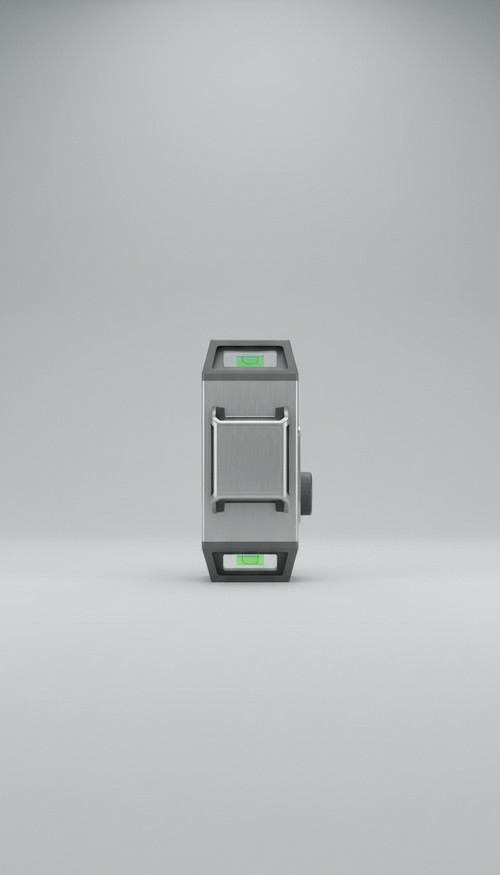 Stainless steel laser level, 3/4 angle product shots on seamless Mist Gray backdrop (not pure white) to maintain palette...