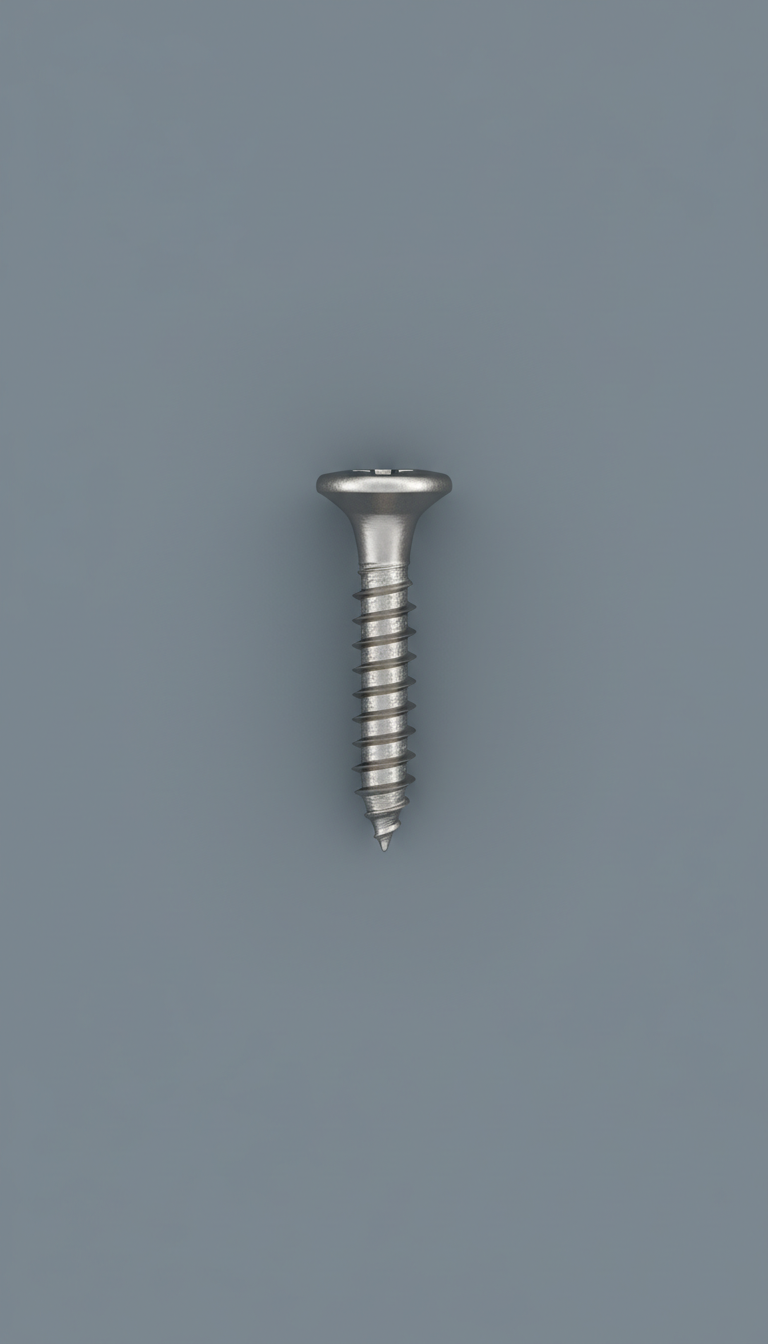 A perfectly centered, straight-on front view of a Screwco stainless steel wood screw. The background is a seamless Slate...
