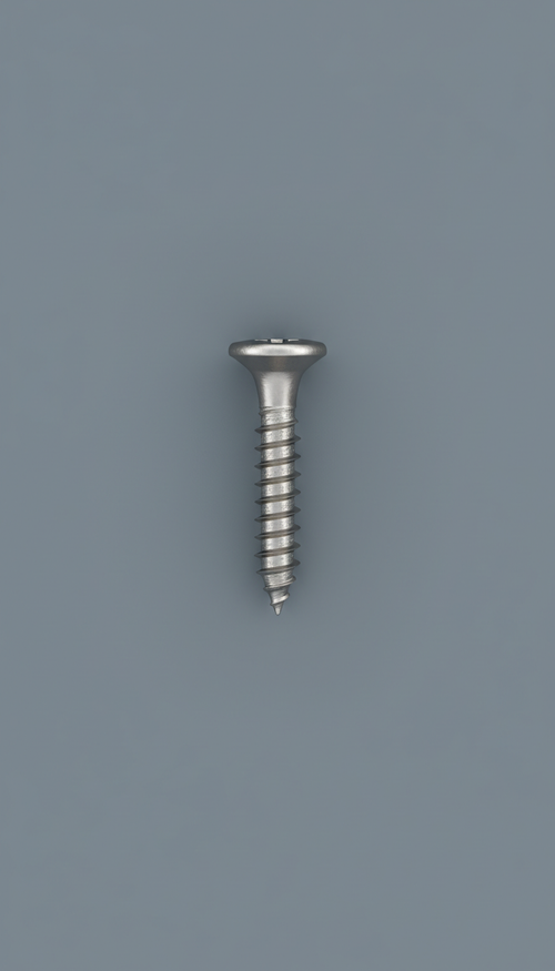 A perfectly centered, straight-on front view of a Screwco stainless steel wood screw. The background is a seamless Slate...