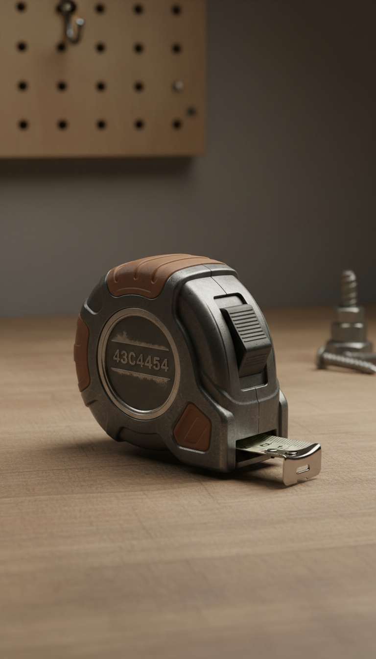 Heavy-duty steel tape measure, Single product shown at a slight 3/4 angle on an aged wood surface (Workbench Oak), softly...
