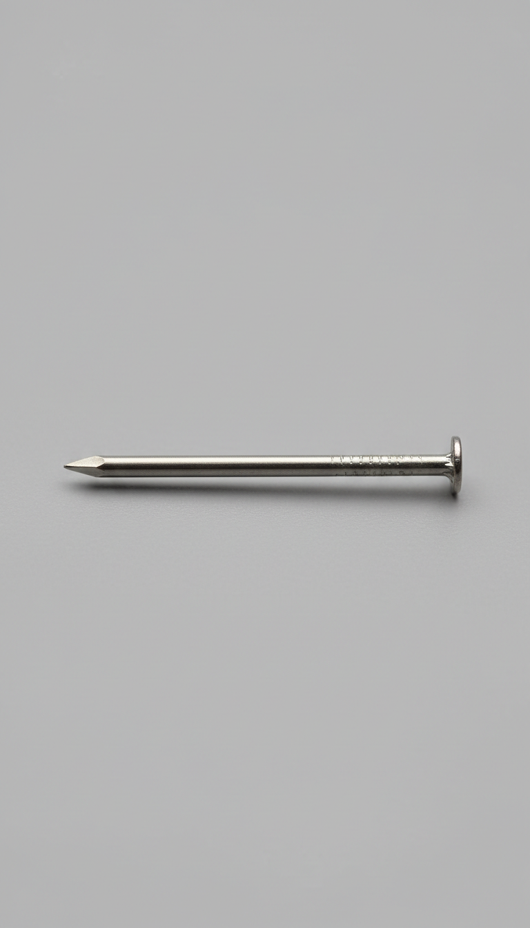 A stainless steel finishing nail perfectly centered on a soft gray background. Captured with precision, the image...