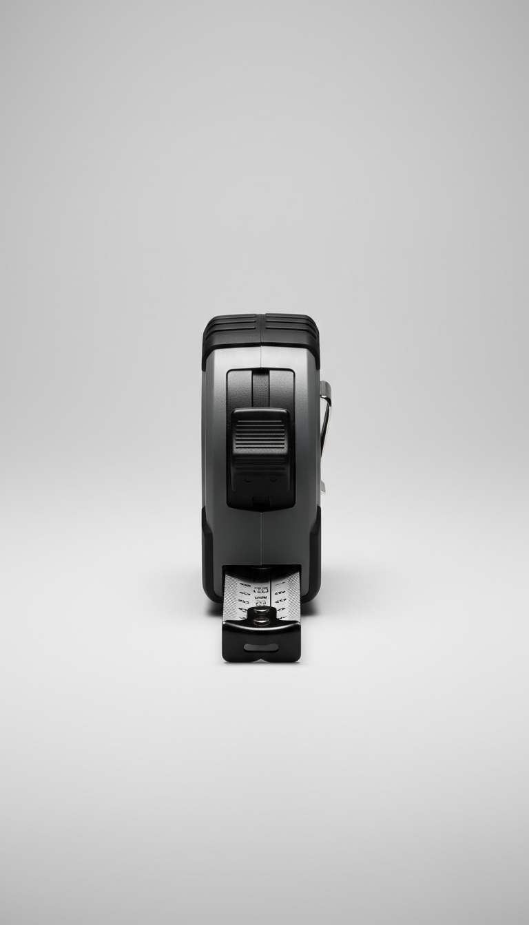 A precision measuring tape is centered on a seamless light grey backdrop, captured with a 50mm lens. The lighting is soft...