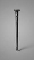 A perfectly centered and frontal view of a Screwco carbon steel nail against a matte gray background. The nail is...