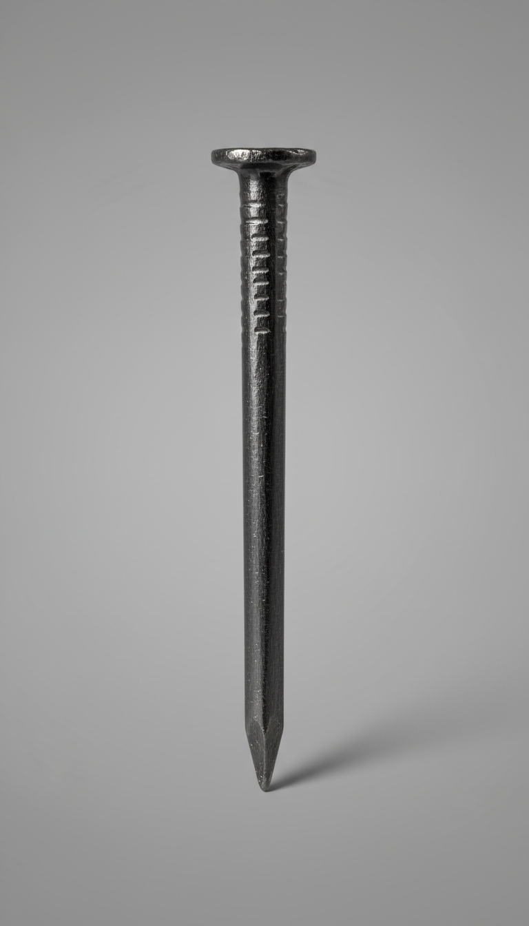 A perfectly centered and frontal view of a Screwco carbon steel nail against a matte gray background. The nail is...