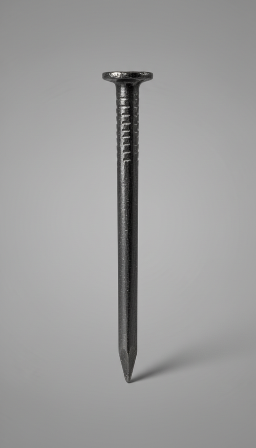A perfectly centered and frontal view of a Screwco carbon steel nail against a matte gray background. The nail is...