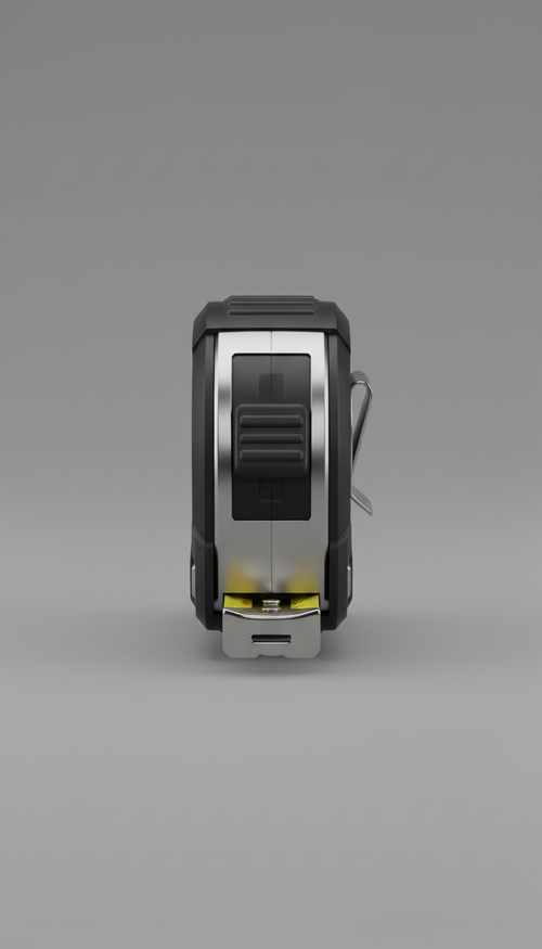 A perfectly centered durable tape measure from the Tools of Trade brand, positioned against a simple, neutral Charcoal...